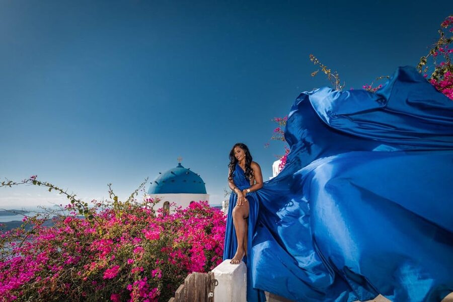 Flying dress Photoshoot in Santorini with Hotel Pickup - Why Imerovigli makes the photos work