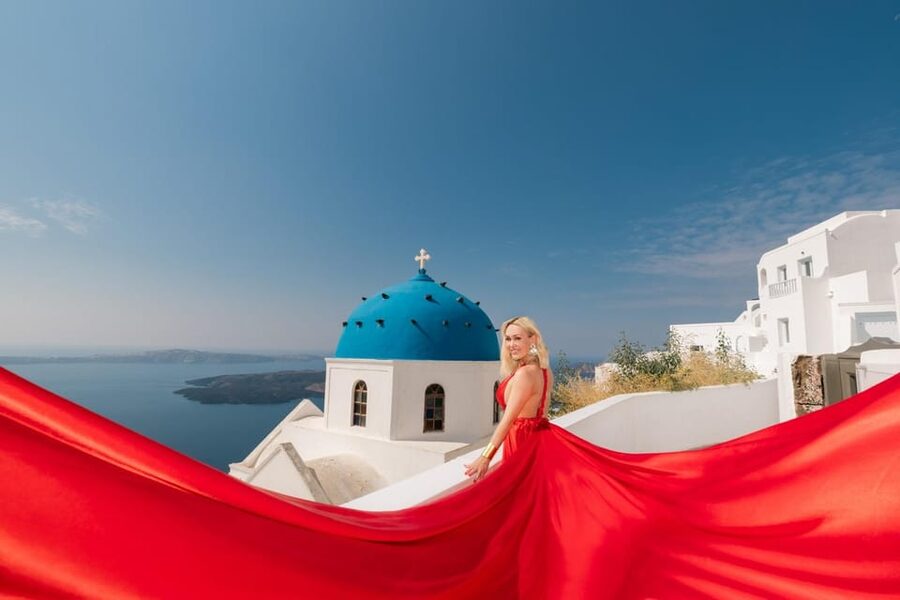 Flying dress Photoshoot in Santorini with Hotel Pickup - Choosing a dress from 35 colors and styles