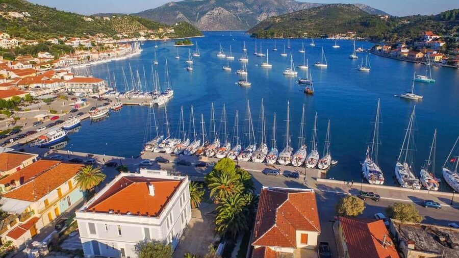 Ithaca Island Tour with Bus & Cruise with Swim Stops - Vathi and its horseshoe-shaped harbor