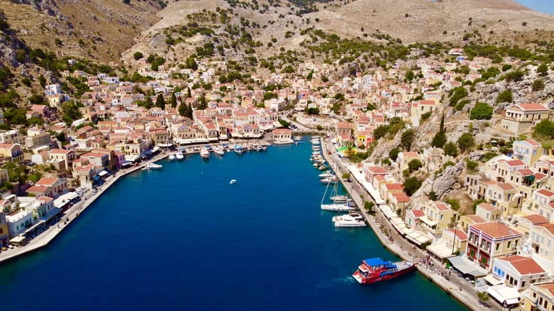 Kolymbia: High-Speed Boat to Symi Island & St George's Bay - First sight of Symi’s pastel harbor
