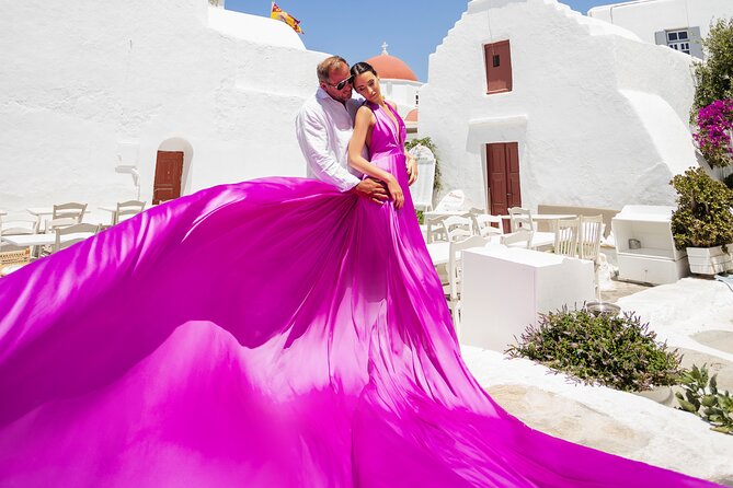 Private Flying Dress Photoshoot in Mikonos - Ruins, sea views, and bougainvillea lanes