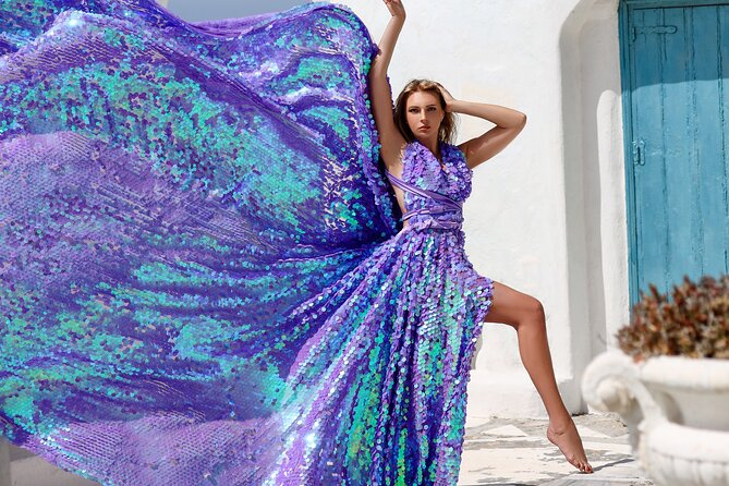 Private Flying Dress Photoshoot in Mikonos - Heat, wind, and public attention