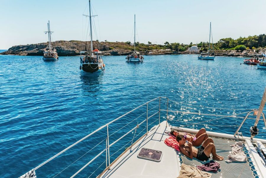 Rhodes: All-Inclusive Catamaran Cruise with Lunch and Drinks - Afandou Caves, available on the power route