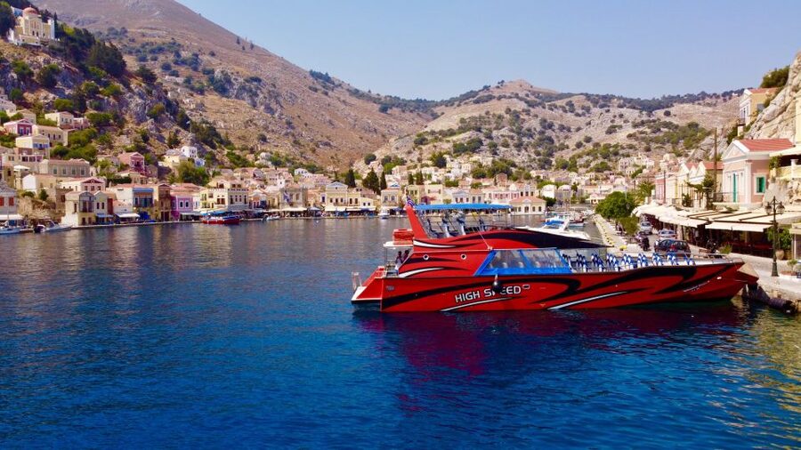 Rhodes: High-Speed Boat to Symi Island and St George's Bay - First look at Symi Harbor