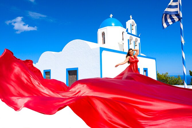 Santorini 2h Private Flying Dress Photoshoot with Transportation - Imerovigli: open views and the Skaros Rock backdrop