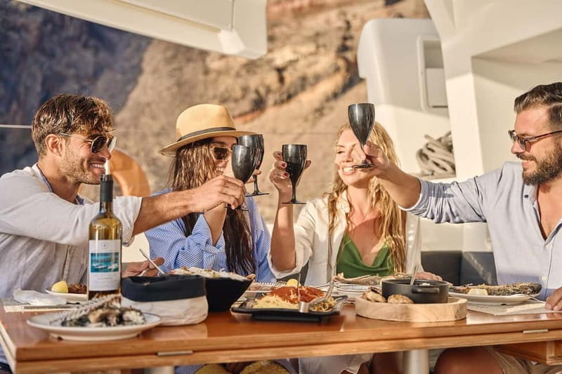 Santorini: Caldera Classic Catamaran Cruise w/ Meal & Drinks - White Beach and Mesa Pigadia