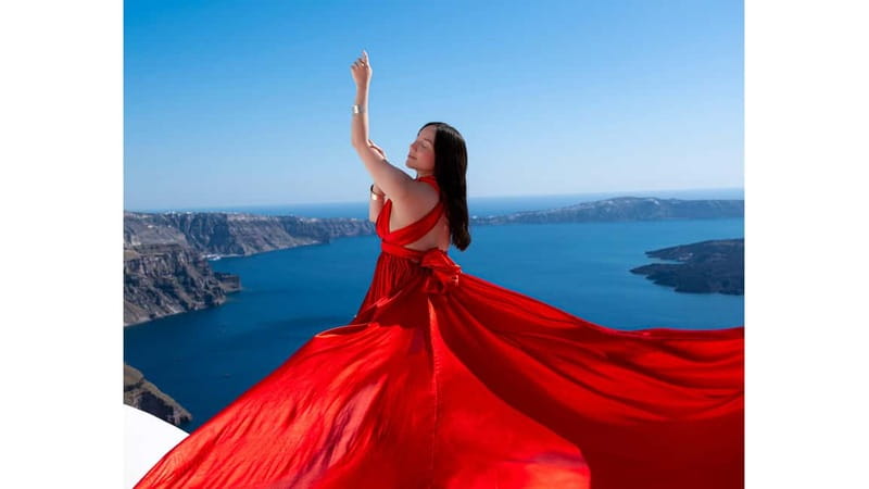 Santorini: Flying Dress Photoshoot with Edited Photos - Choosing the flying dress and accessories