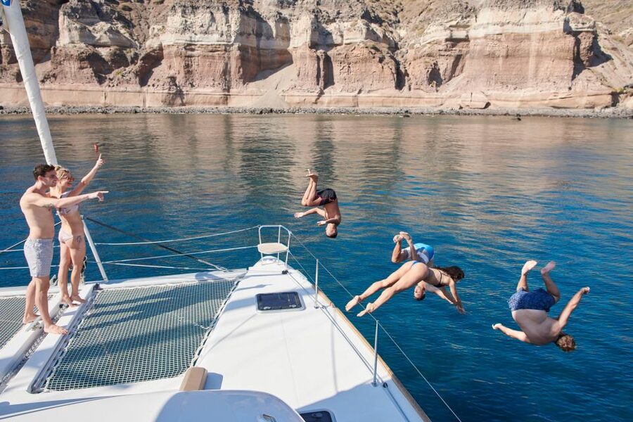 Santorini Gold Catamaran Cruise with Snorkel, BBQ & Open Bar - Key points at a glance