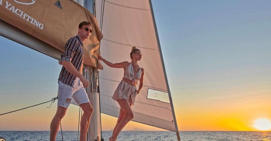 Santorini Gold Catamaran Cruise with Snorkel, BBQ & Open Bar - Setting out from Vlychada Marina