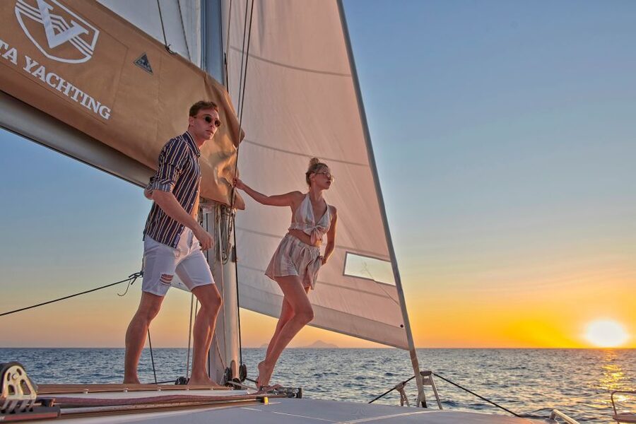 Santorini Gold Catamaran Cruise with Snorkel, BBQ & Open Bar - The volcano hot springs stop