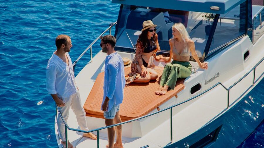 Santorini: Private Diamond 36 Motor Yacht Caldera Cruise - A fresh Greek meal served on board